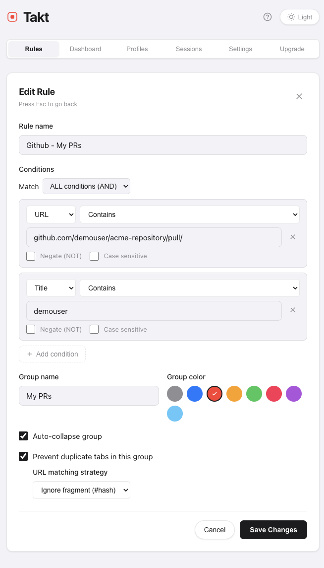 Takt GitHub example for pull tabs