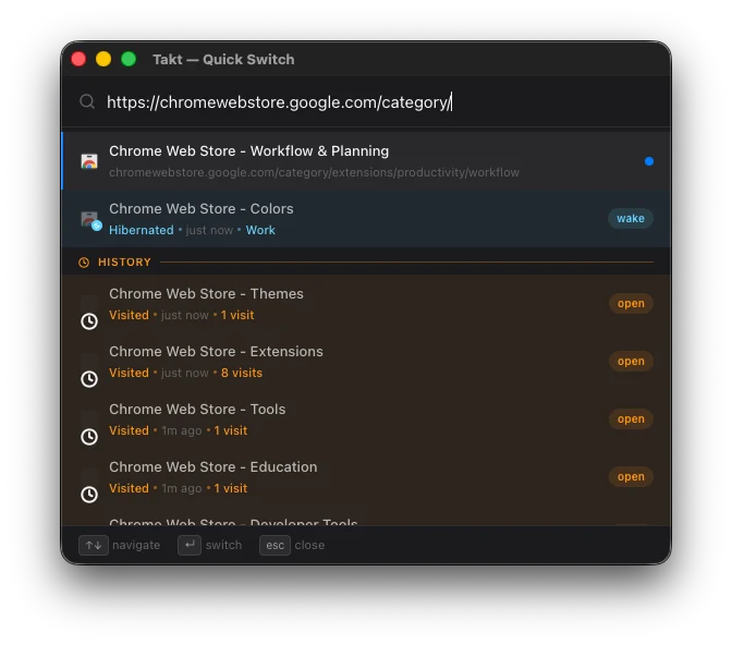Quick Switch overlay showing fuzzy tab search results with keyboard shortcut Alt+Shift+Space