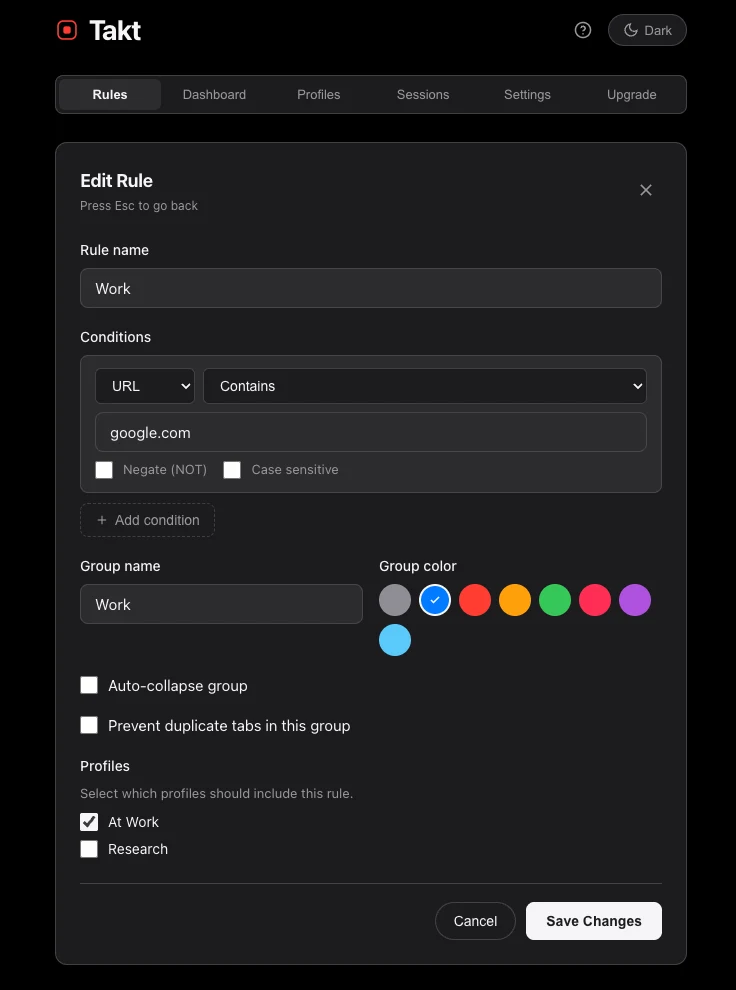 Takt rule editor showing URL pattern configuration with match type and group color options
