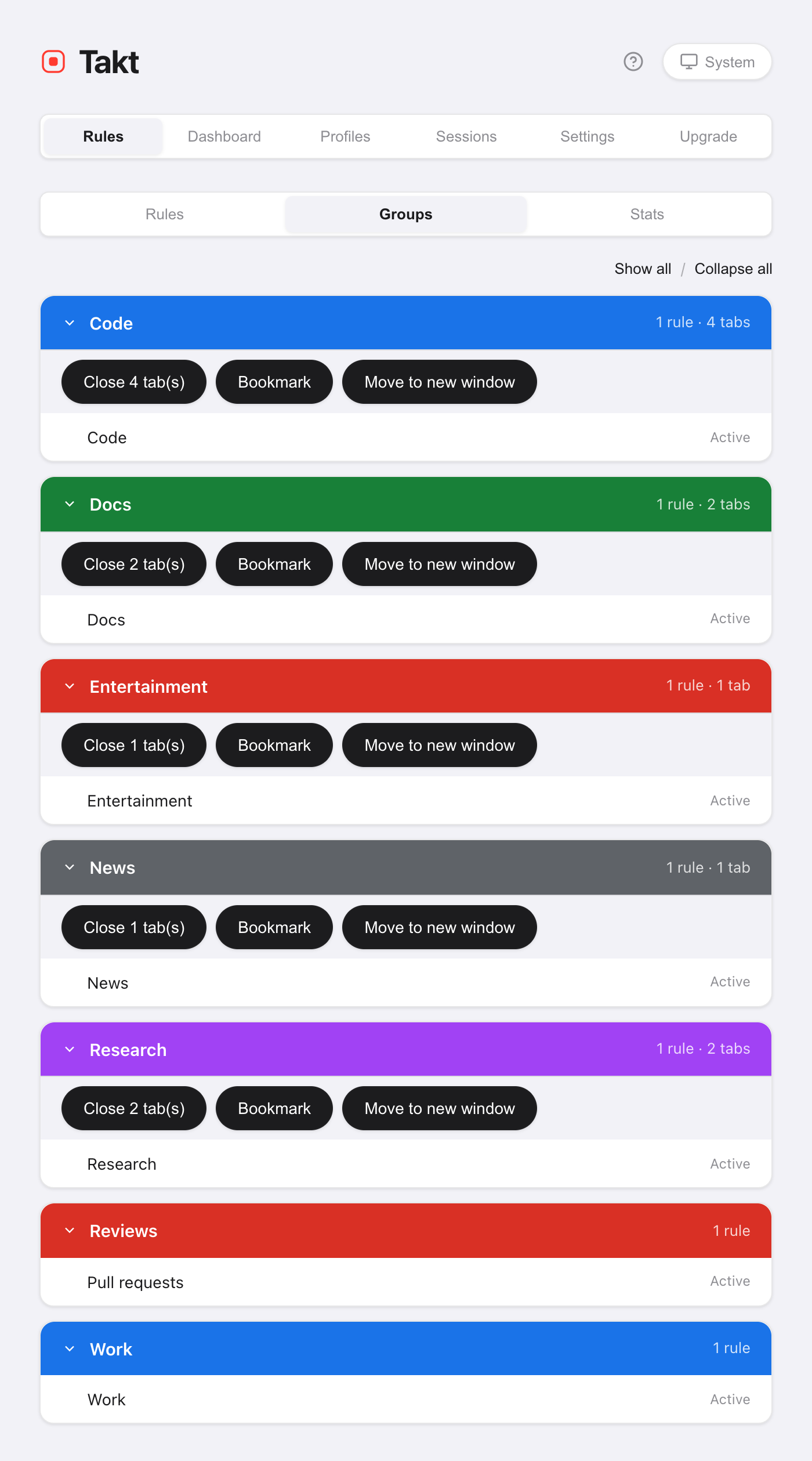 Takt options, Groups view: colored cards for Code, Docs, Entertainment, News and Research, each with Close N tab(s), Bookmark and Move to new window buttons, plus Reviews and Work groups with no open tabs