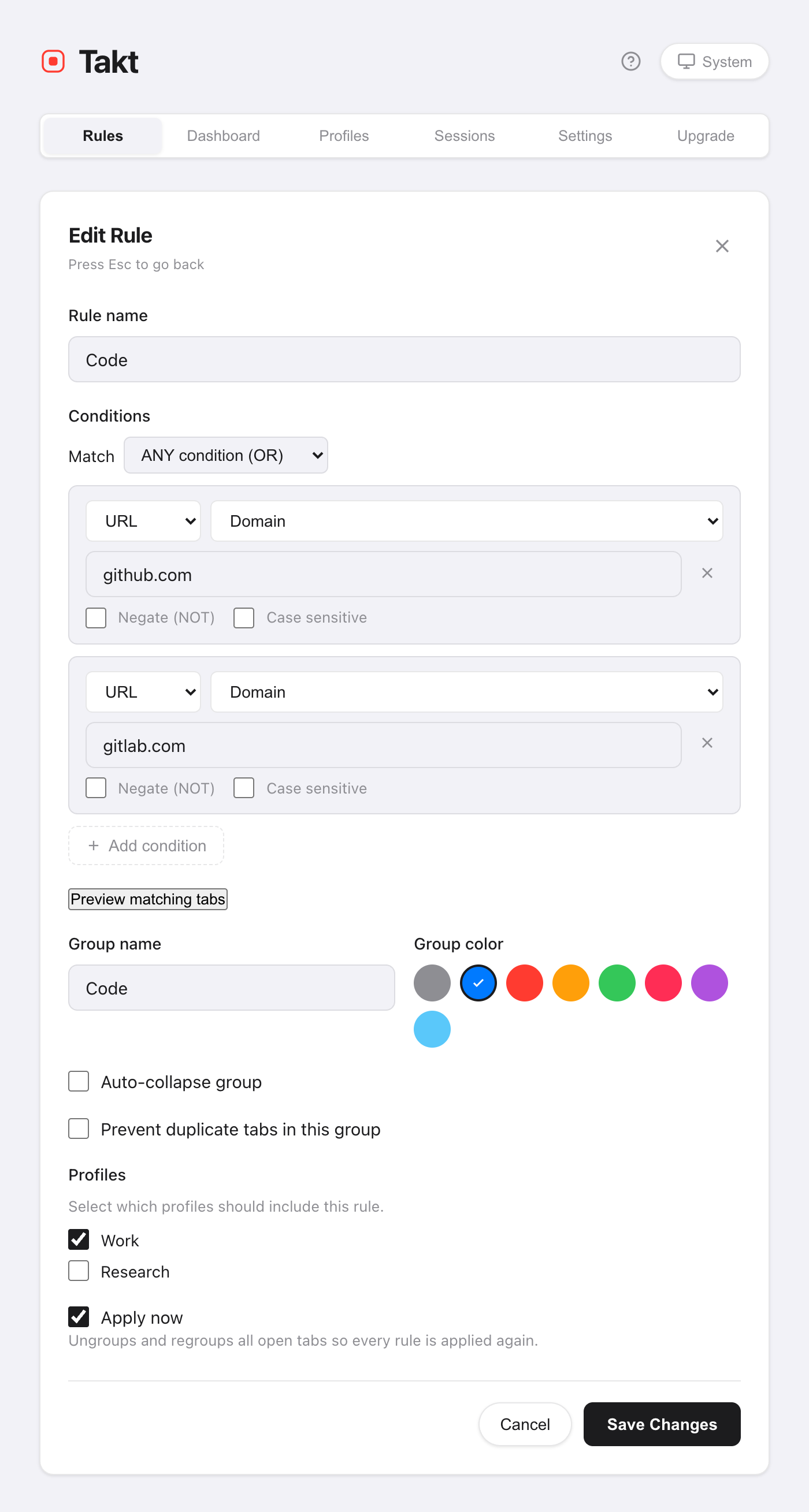 Takt's rule editor for a rule named Code: two URL Domain conditions (github.com, gitlab.com) joined with ANY condition (OR), group name Code, blue selected among the 8 Chrome colors, and Apply now ticked