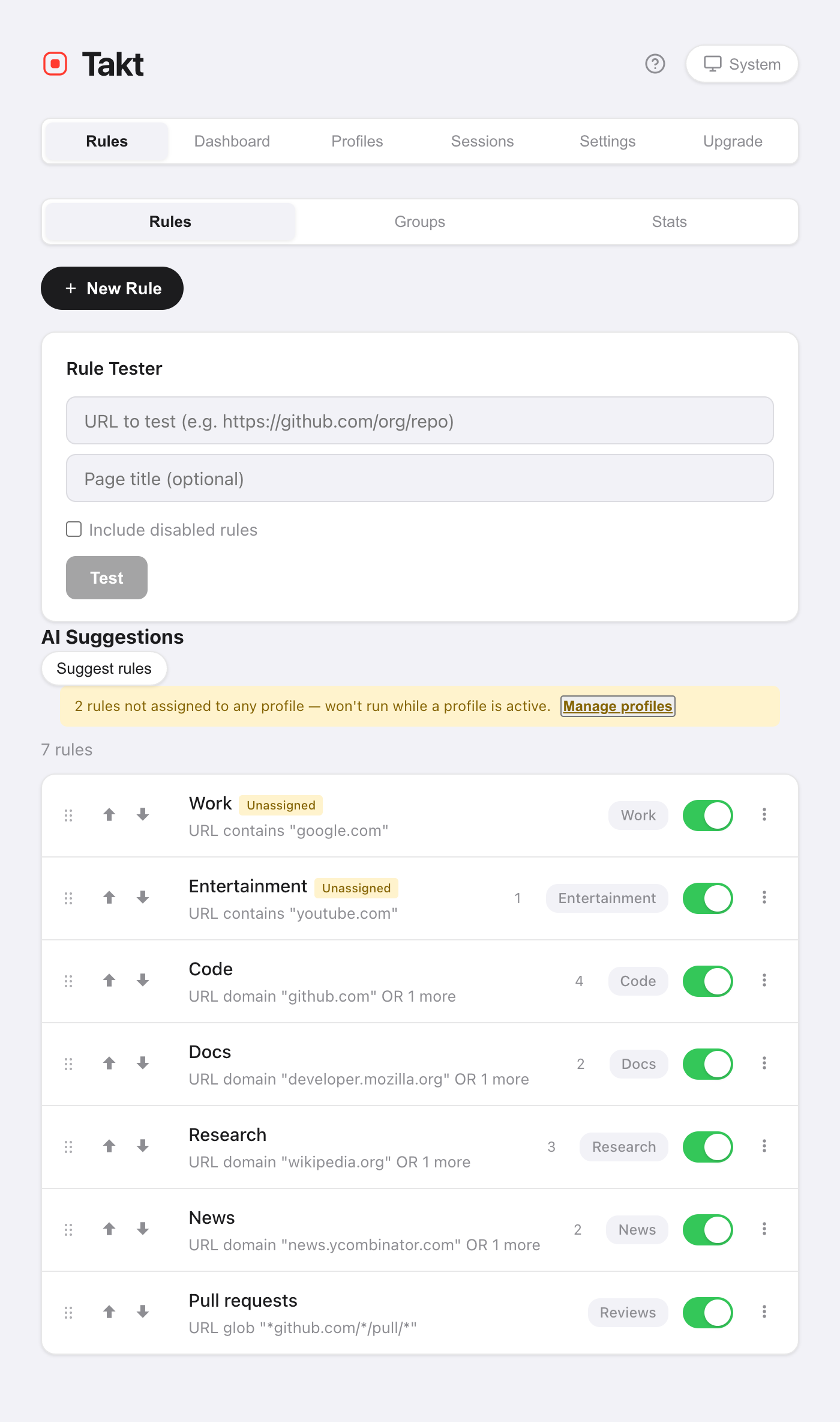 Takt's rule list showing seven rules with their conditions, group names, on/off toggles and reorder arrows, plus the Rule Tester above