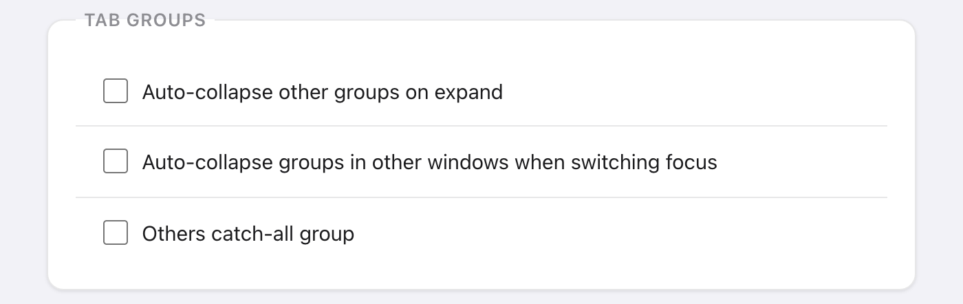 Takt Settings, Tab Groups section with three unchecked boxes: Auto-collapse other groups on expand, Auto-collapse groups in other windows when switching focus, and Others catch-all group