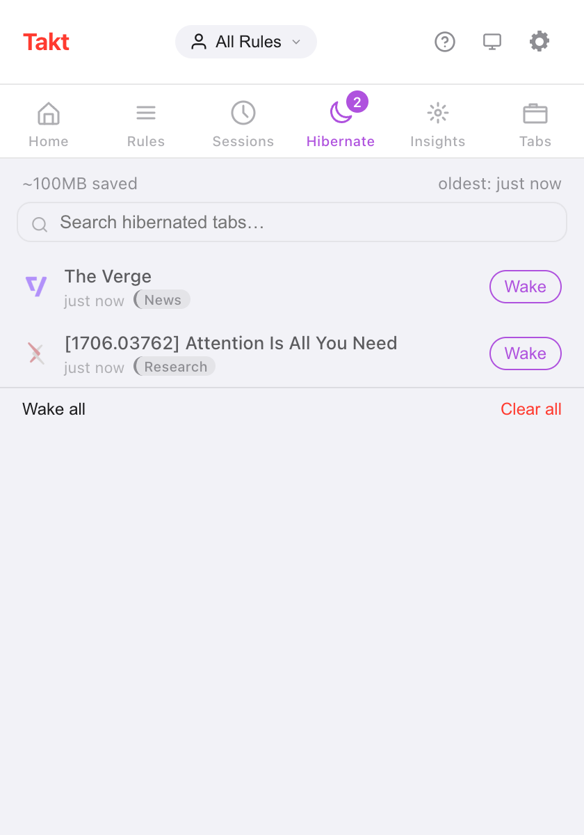 Takt popup on the Hibernate pane: '~100MB saved' at the top, a search box, two hibernated tabs (The Verge in News, an arXiv paper in Research) each with a Wake button, and Wake all and Clear all links