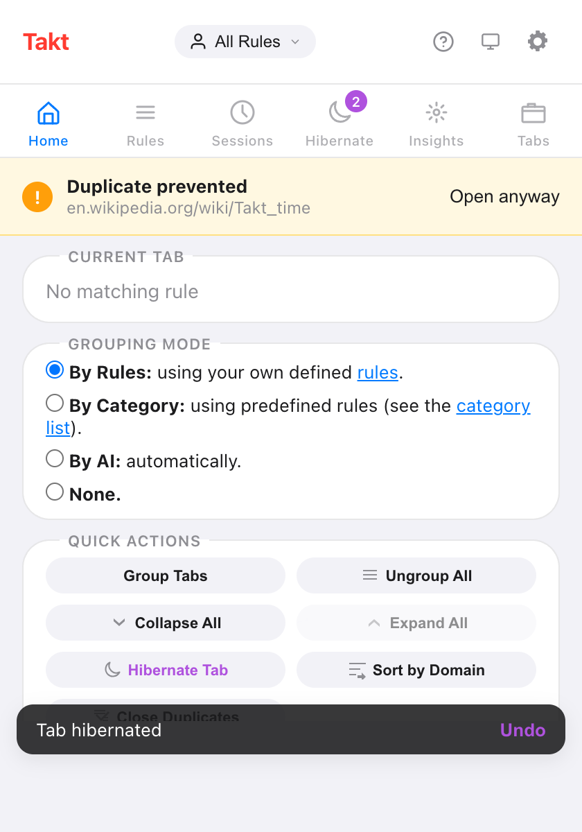 Takt popup Home pane with a yellow Duplicate prevented banner for en.wikipedia.org/wiki/Takt_time and an Open anyway button, above the Grouping mode and Quick actions sections