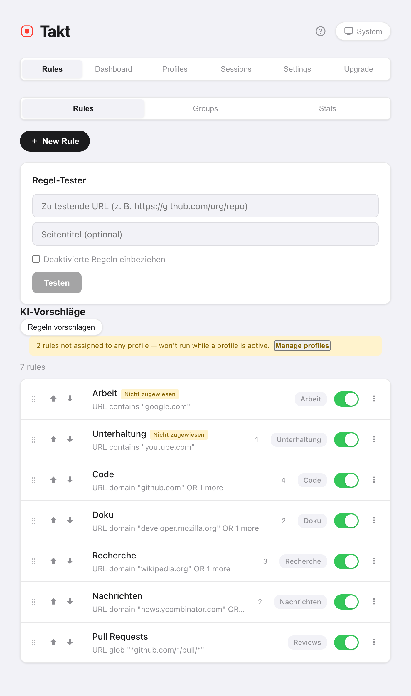 Seite Rules der Takt-Optionen mit dem Regel-Tester (URL-Feld, optionaler Seitentitel, Kästchen Deaktivierte Regeln einbeziehen und Schaltfläche Testen), der Überschrift KI-Vorschläge mit der Schaltfläche Regeln vorschlagen und einer Liste mit sieben Regeln, von denen mehrere eine Trefferzahl zeigen, etwa 4 für Code und 3 für Research