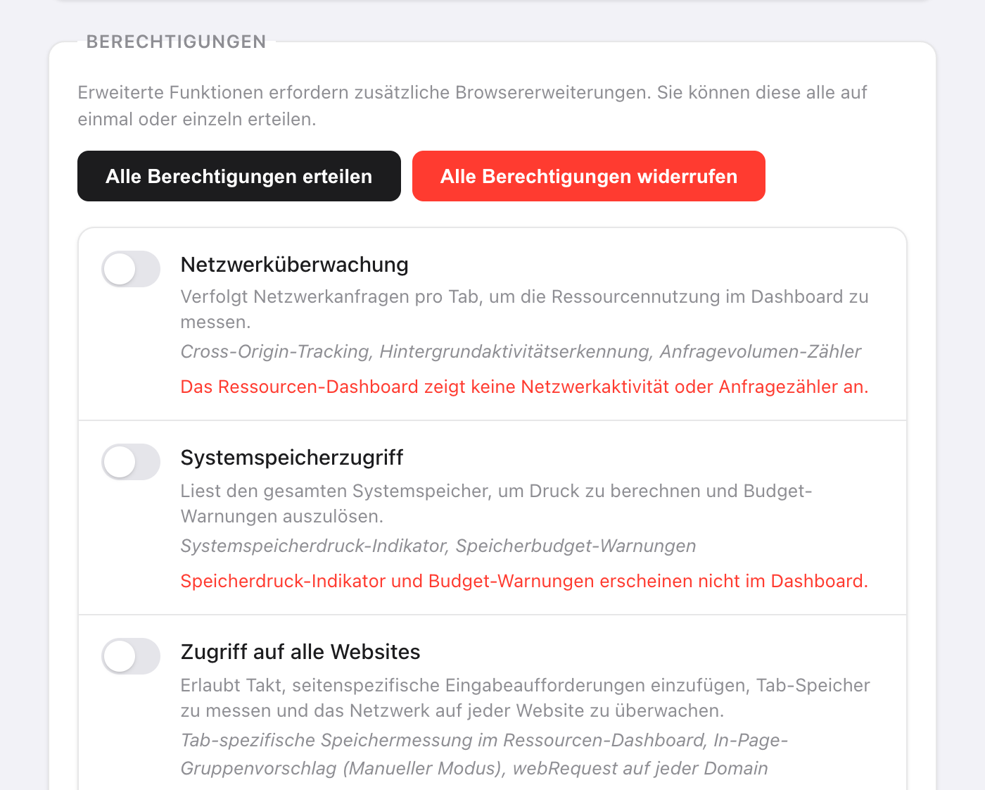 Die Berechtigungseinstellungen von Takt mit den Schaltflächen Alle Berechtigungen erteilen und Alle Berechtigungen widerrufen und Schaltern für Netzwerküberwachung, Systemspeicherzugriff und Zugriff auf alle Websites, jeweils mit einer Beschreibung, welche Dashboard-Funktionen sie ermöglichen und was ohne sie fehlt