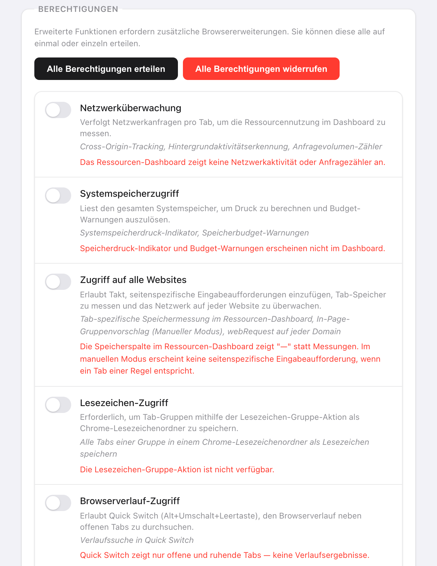 Takt Settings, Abschnitt Berechtigungen mit den Schaltflächen Alle Berechtigungen erteilen und Alle Berechtigungen widerrufen und ausgeschalteten Schaltern für Netzwerküberwachung, Systemspeicherzugriff, Zugriff auf alle Websites, Lesezeichen-Zugriff und Browserverlauf-Zugriff, jeweils mit einer Beschreibung, was sie ermöglichen und was ohne sie nicht mehr funktioniert