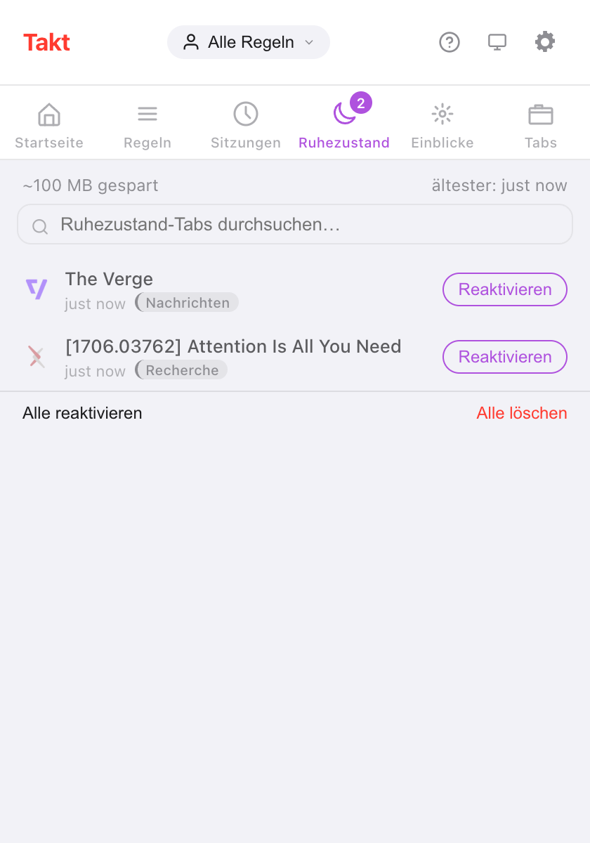 Takt-Popup im Bereich Ruhezustand: oben „~100 MB gespart“, ein Suchfeld, zwei hibernierte Tabs (The Verge in News, ein arXiv-Paper in Research), jeweils mit der Schaltfläche Reaktivieren, sowie die Links Alle reaktivieren und Alle löschen