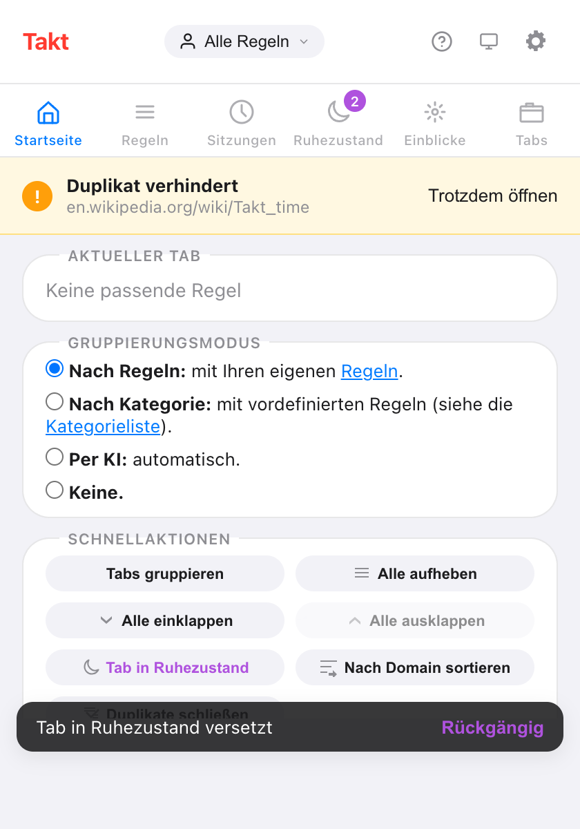 Takt-Popup, Bereich Startseite mit einem gelben Banner Duplikat verhindert für en.wikipedia.org/wiki/Takt_time und einer Schaltfläche Trotzdem öffnen, über den Abschnitten Gruppierungsmodus und Schnellaktionen