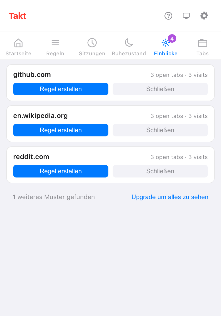 Takt-Popup, Bereich Einblicke mit drei Vorschlagskarten, github.com, en.wikipedia.org und reddit.com, jeweils mit 3 offenen Tabs und 3 Besuchen sowie den Schaltflächen Regel erstellen und Schließen, darunter 1 weiteres Muster gefunden und ein Link Upgrade um alles zu sehen