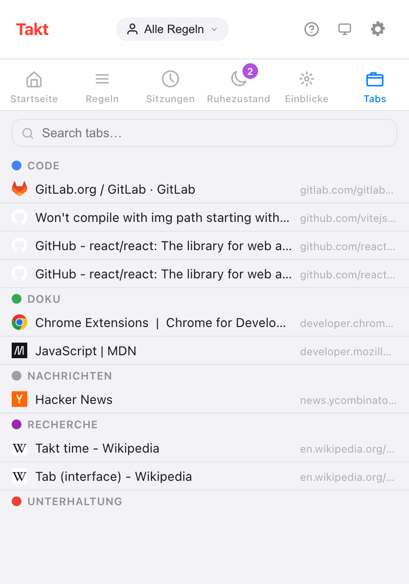 Takt-Popup im Bereich Tabs: ein Suchfeld Search tabs über offenen Tabs, aufgelistet unter ihren Gruppen Code, Docs, Entertainment, News und Research, jede Zeile mit Favicon, Titel und gekürzter URL
