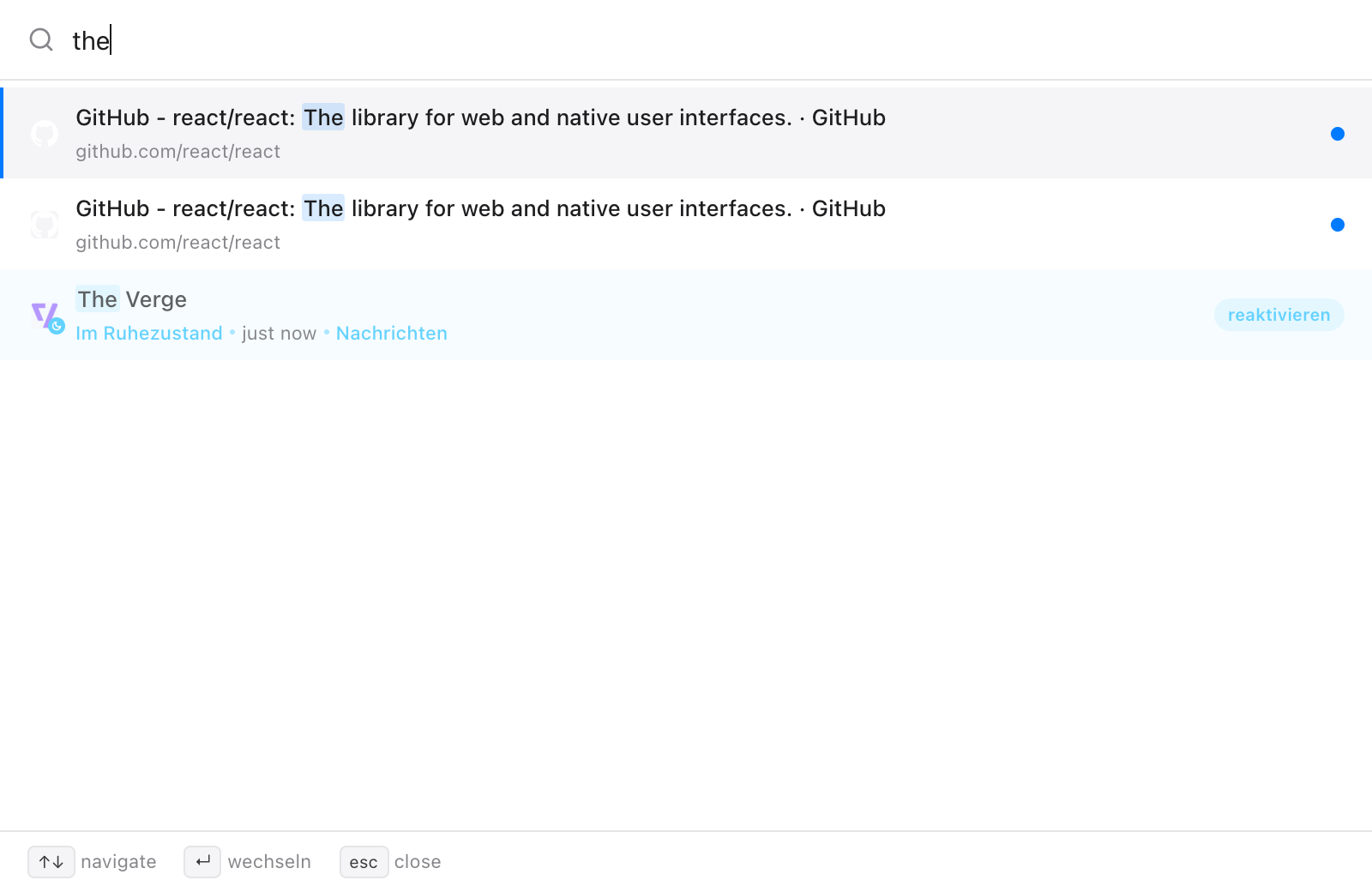 Quick Switch mit der Suche „the“: zwei offene GitHub-Tabs, deren Titel „The“ enthalten, danach The Verge als hibernierter Tab in der Gruppe News mit dem Hinweis reaktivieren