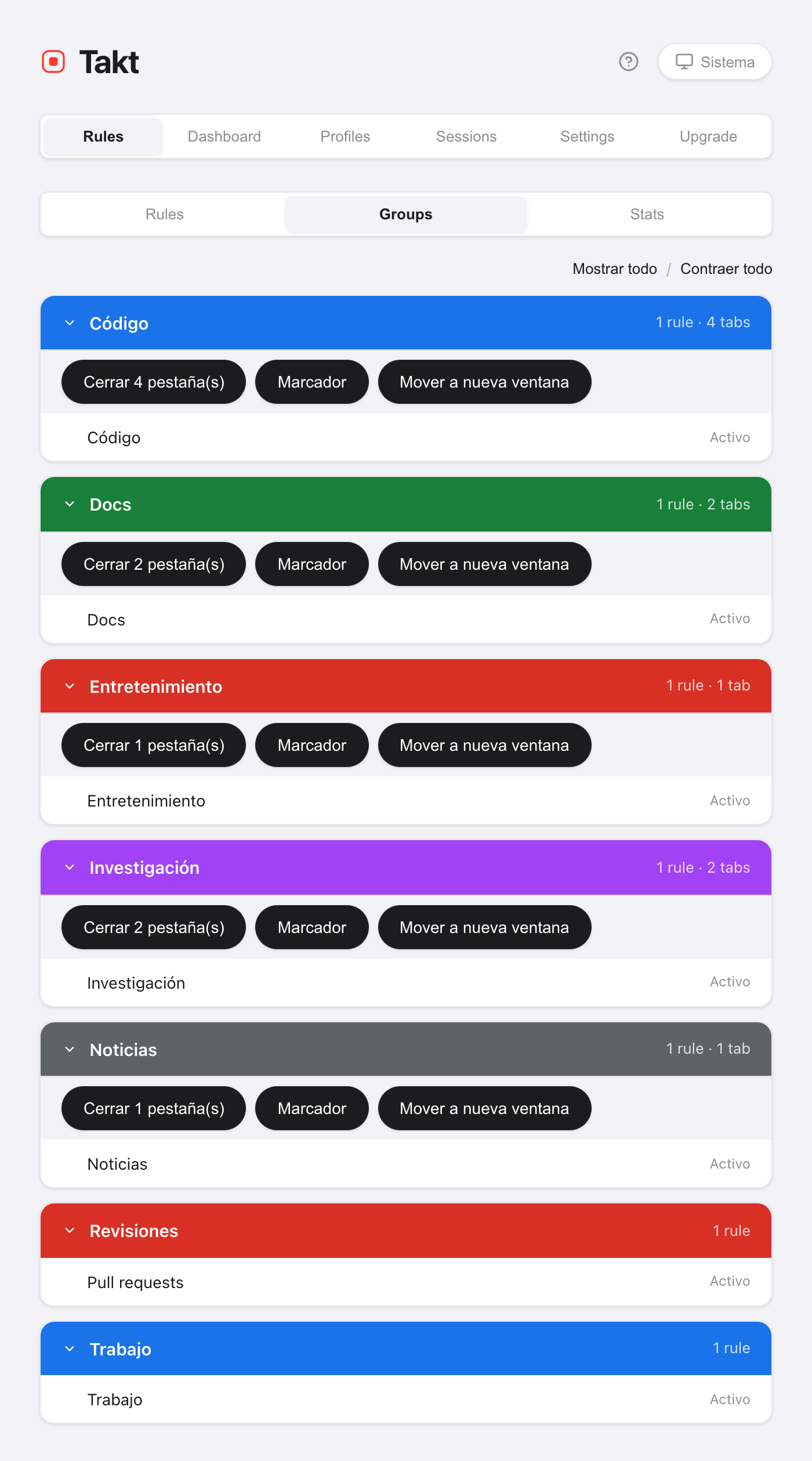 Opciones de Takt, vista Groups: tarjetas de colores para Code, Docs, Entertainment, News y Research, cada una con los botones Cerrar N pestaña(s), Marcador y Mover a nueva ventana, además de los grupos Reviews y Work sin pestañas abiertas