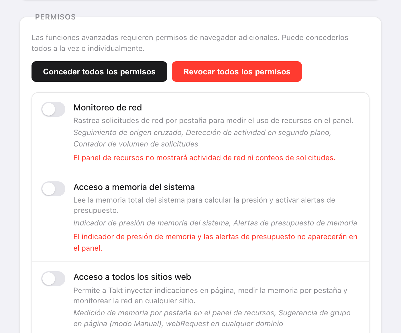 Ajustes de Permisos de Takt con los botones Conceder todos los permisos y Revocar todos los permisos, e interruptores para Monitoreo de red, Acceso a memoria del sistema y Acceso a todos los sitios web, cada uno con las funciones del panel que activa y lo que falta sin él