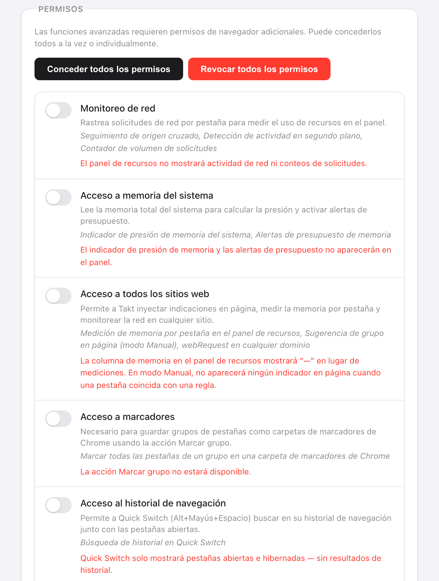 Settings de Takt, sección Permisos con los botones Conceder todos los permisos y Revocar todos los permisos e interruptores desactivados para Monitoreo de red, Acceso a memoria del sistema, Acceso a todos los sitios web, Acceso a marcadores y Acceso al historial de navegación, cada uno con lo que activa y lo que deja de funcionar sin él