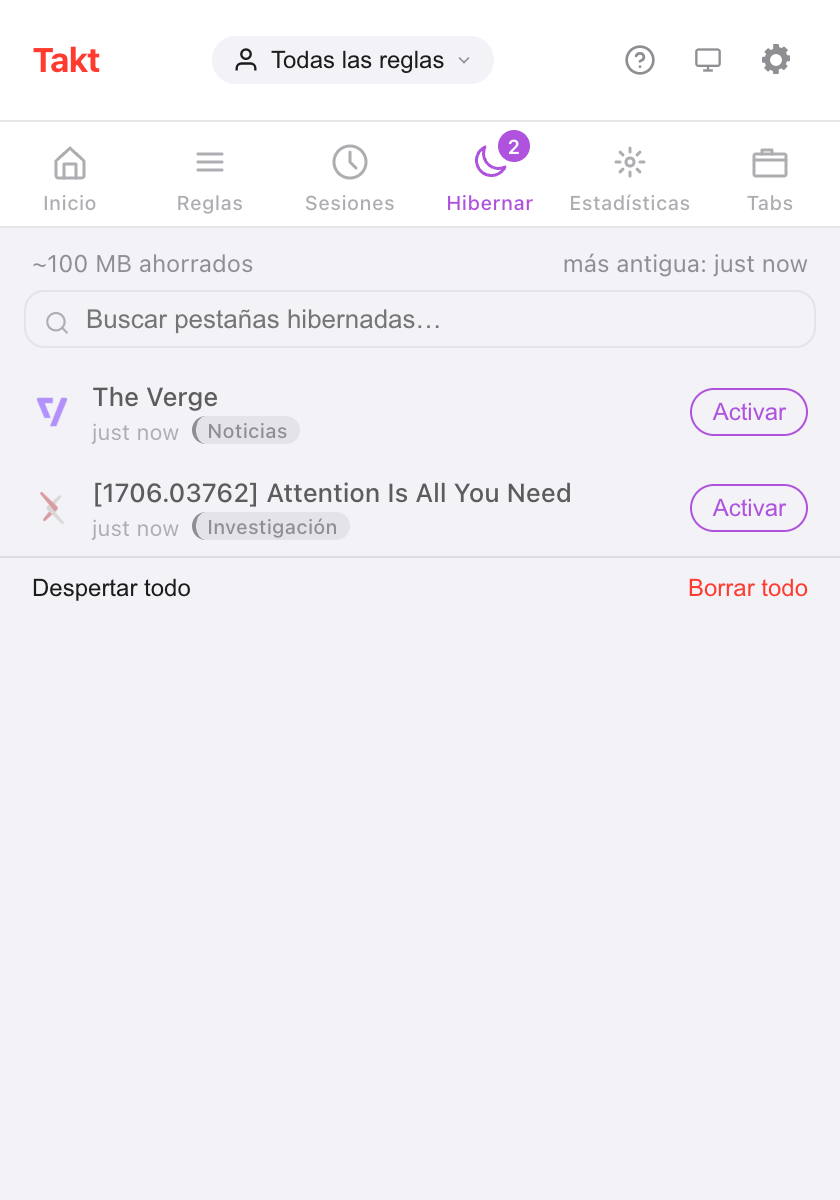 Popup de Takt en el panel Hibernar: '~100 MB ahorrados' arriba, un cuadro de búsqueda, dos pestañas hibernadas (The Verge en News y un artículo de arXiv en Research), cada una con un botón Activar, y los enlaces Despertar todo y Borrar todo