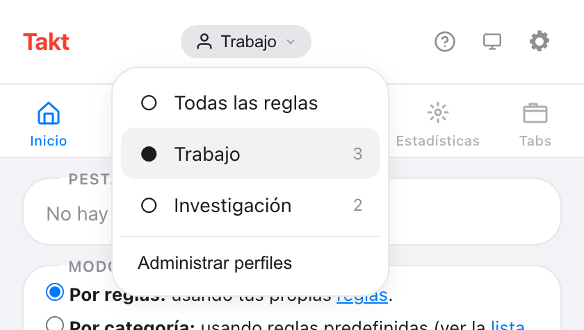 Popup de Takt con el menú de perfiles abierto arriba, con Todas las reglas, Work con 3 reglas (seleccionado) y Research con 2 reglas, además de un enlace Administrar perfiles
