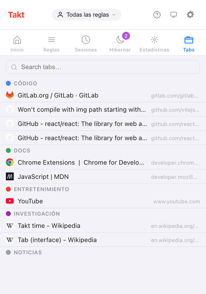 Popup de Takt en el panel Tabs: un cuadro Search tabs… encima de las pestañas abiertas, ordenadas bajo sus grupos Code, Docs, Entertainment, News y Research, cada fila con favicon, título y URL abreviada