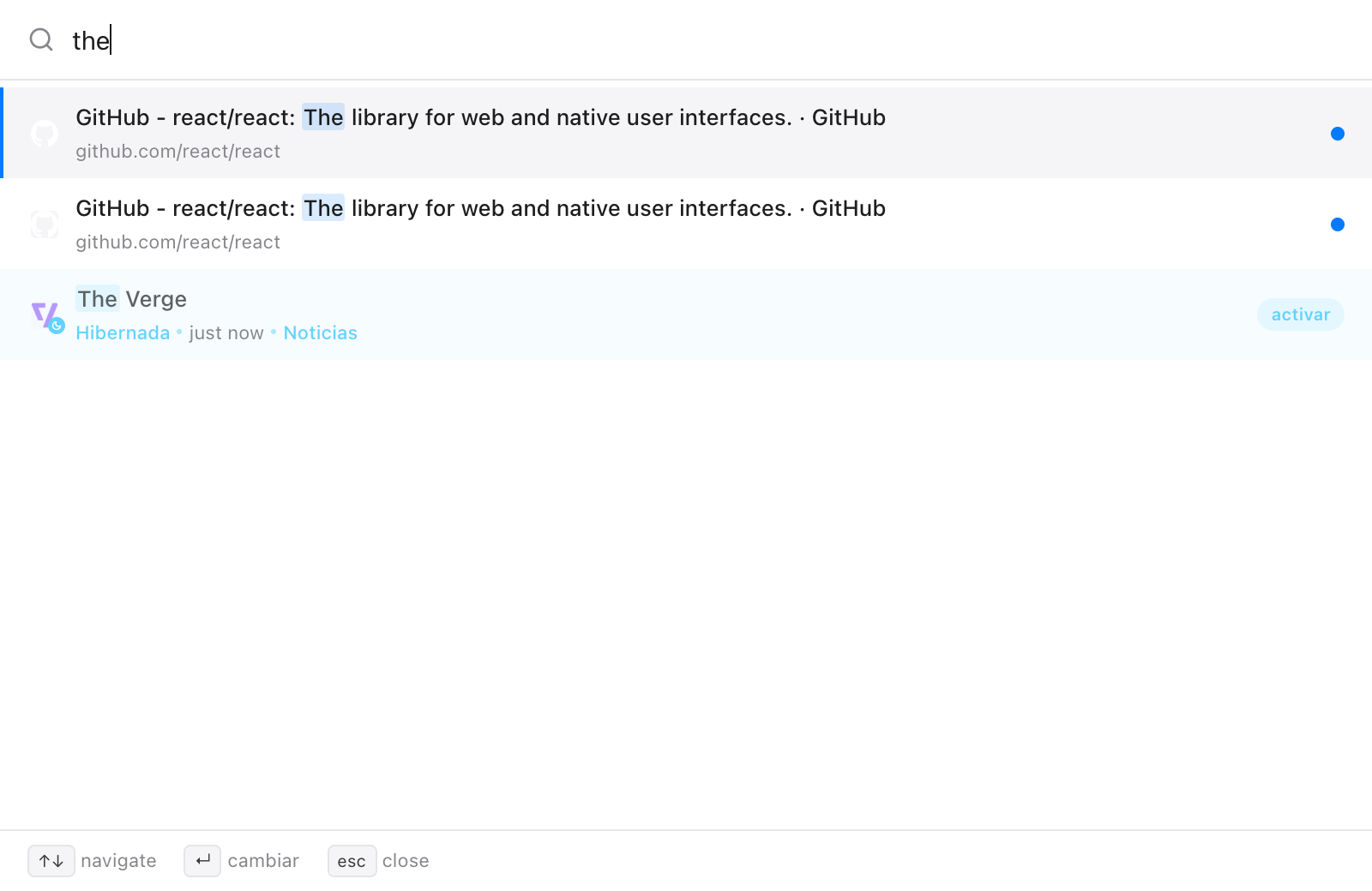 Quick Switch con la búsqueda 'the': dos pestañas de GitHub abiertas cuyo título contiene 'The' y, después, The Verge como pestaña hibernada en el grupo News con una etiqueta activar