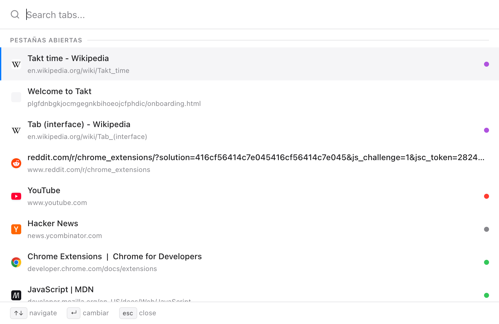 Quick Switch de Takt con el cuadro de búsqueda vacío y una lista Pestañas abiertas: pestañas de Wikipedia, Reddit, YouTube, Hacker News, Chrome for Developers y MDN, cada una con su URL y un punto de color de su grupo de pestañas, además de las indicaciones de teclas para navegar, cambiar y cerrar