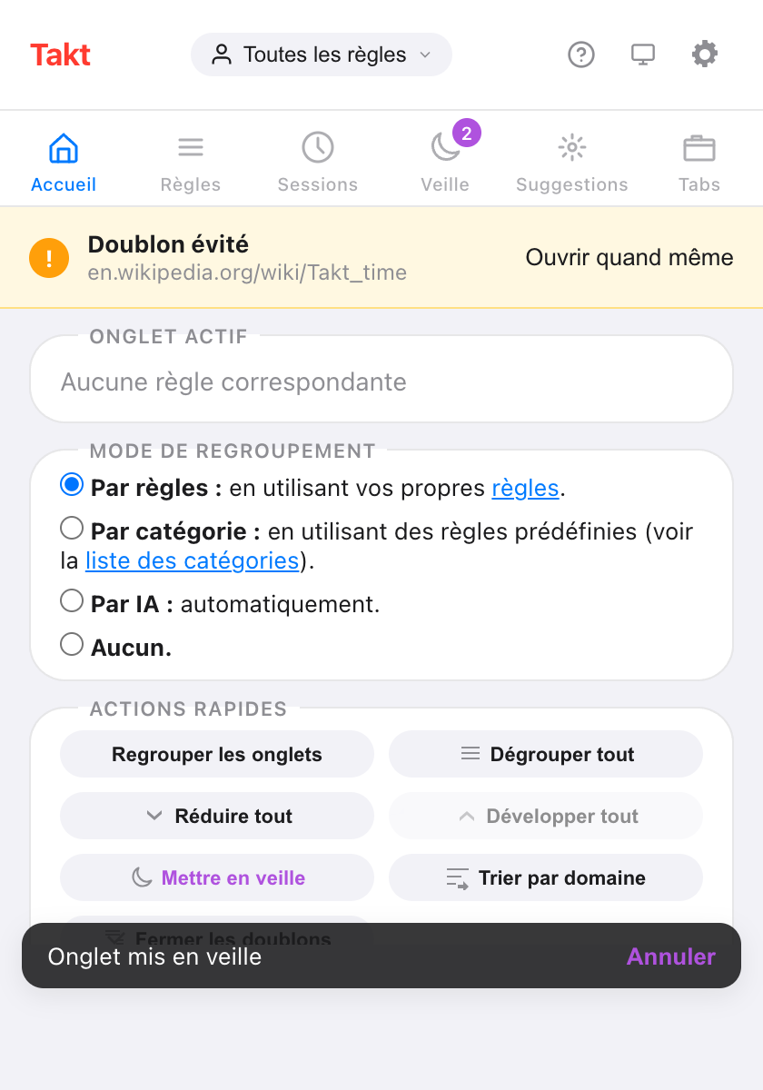 Popup de Takt avec le volet Accueil ouvert : un en-tête avec le menu des profils et les boutons d'aide, de thème et de paramètres ; une barre d'onglets Accueil, Règles, Sessions, Veille, Suggestions et Tabs ; un encadré Onglet actif ; les options du Mode de regroupement Par règles, Par catégorie, Par IA et Aucun ; et des boutons d'Actions rapides, dont Regrouper les onglets, Dégrouper tout, Réduire tout, Mettre en veille et Trier par domaine