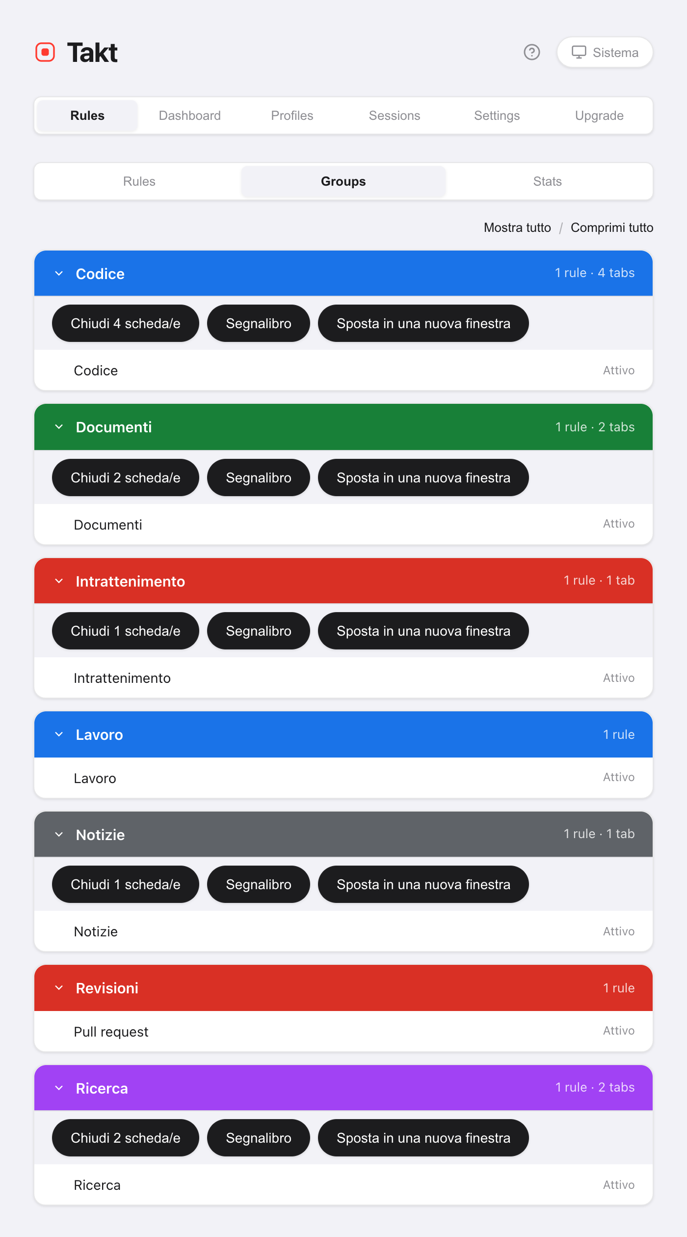 Opzioni di Takt, vista Groups: schede colorate per Code, Docs, Entertainment, News e Research, ognuna con i pulsanti Chiudi N scheda/e, Segnalibro e Sposta in una nuova finestra, più i gruppi Reviews e Work senza schede aperte