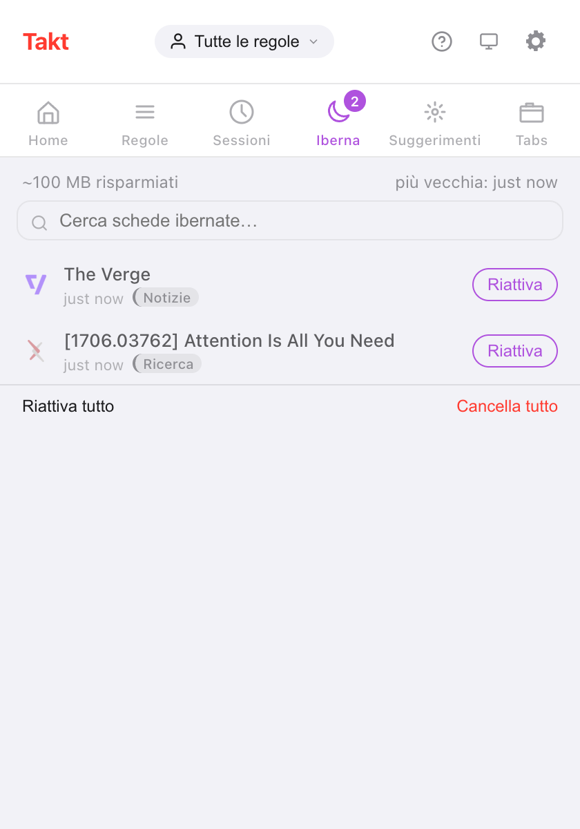 Popup di Takt sul riquadro Iberna: '~100 MB risparmiati' in alto, una casella di ricerca, due schede ibernate (The Verge in News, un articolo di arXiv in Research) ciascuna con un pulsante Riattiva, e i link Riattiva tutto e Cancella tutto