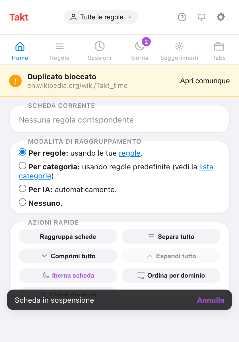 Riquadro Home del popup di Takt con un banner giallo Duplicato bloccato per en.wikipedia.org/wiki/Takt_time e un pulsante Apri comunque, sopra le sezioni Modalità di raggruppamento e Azioni rapide