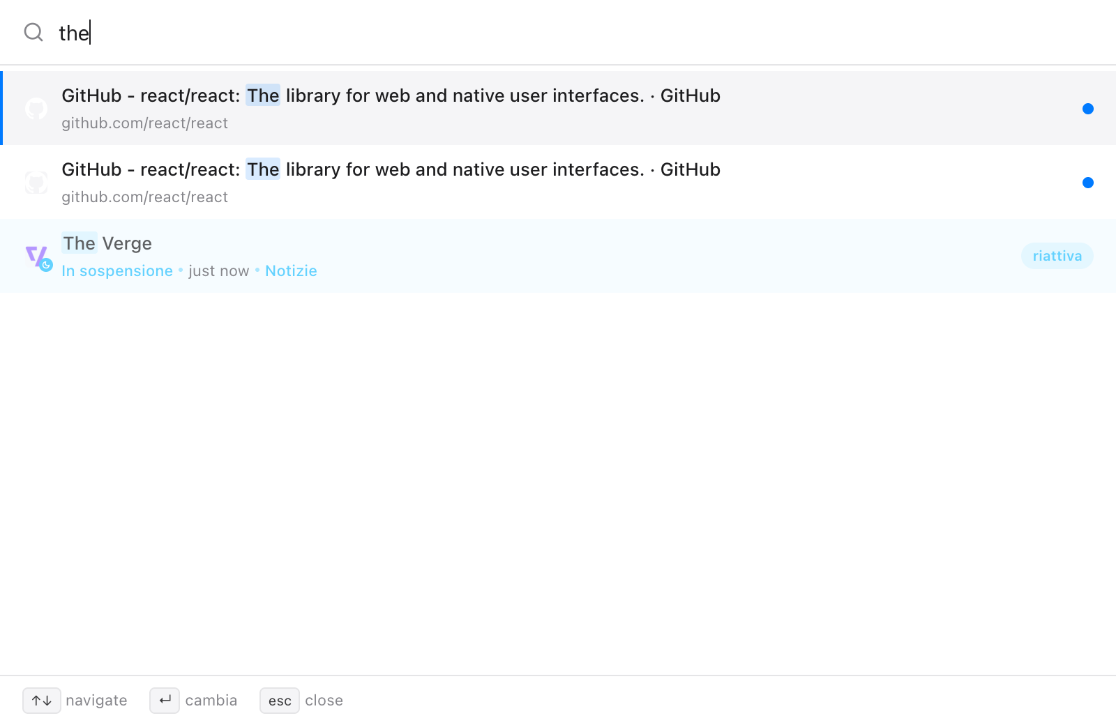 Il Cambio rapido con la ricerca 'the': due schede GitHub aperte con 'The' nel titolo, poi The Verge come scheda ibernata nel gruppo News con l'etichetta riattiva