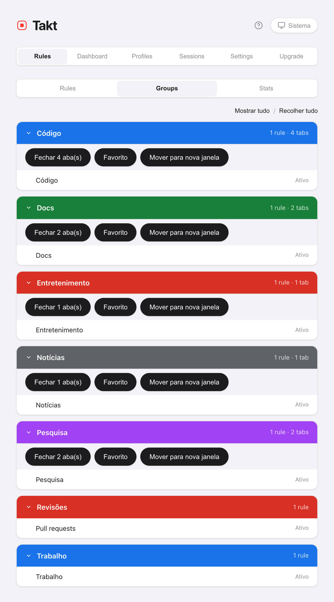Opções do Takt, visão Groups: cartões coloridos para Code, Docs, Entertainment, News e Research, cada um com os botões Fechar N aba(s), Favorito e Mover para nova janela, além dos grupos Reviews e Work sem abas abertas