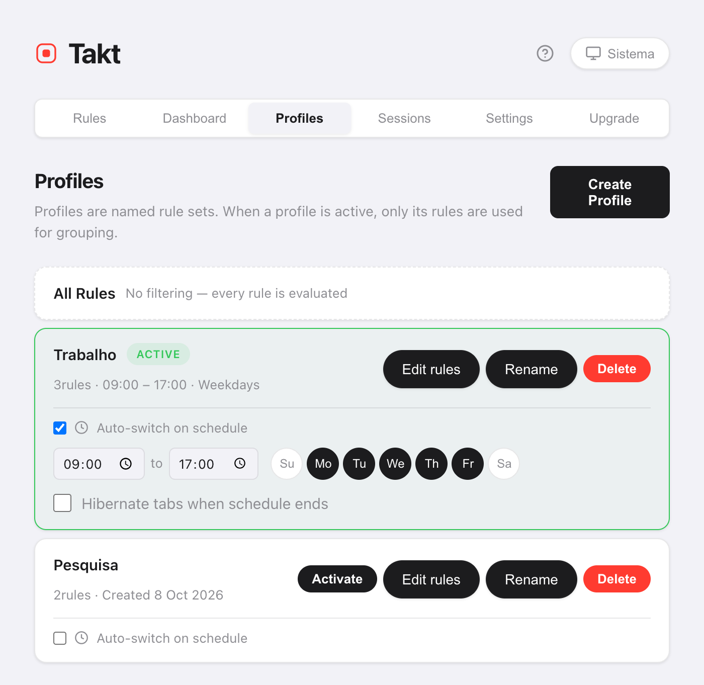 Página de opções do Takt, aba Profiles: o perfil Work está ativo, com Auto-switch on schedule marcado, das 09:00 às 17:00, de segunda a sexta selecionados, e a opção Hibernate tabs when schedule ends desmarcada. Um perfil Research abaixo não tem agendamento.