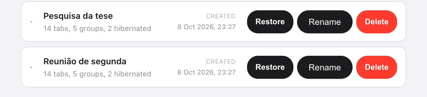 Página de opções do Takt, aba Sessions: 2 sessões salvas, Thesis research e Monday standup, cada uma com 14 abas, 5 grupos, 2 hibernadas, a data de criação e os botões Restore, Rename e Delete