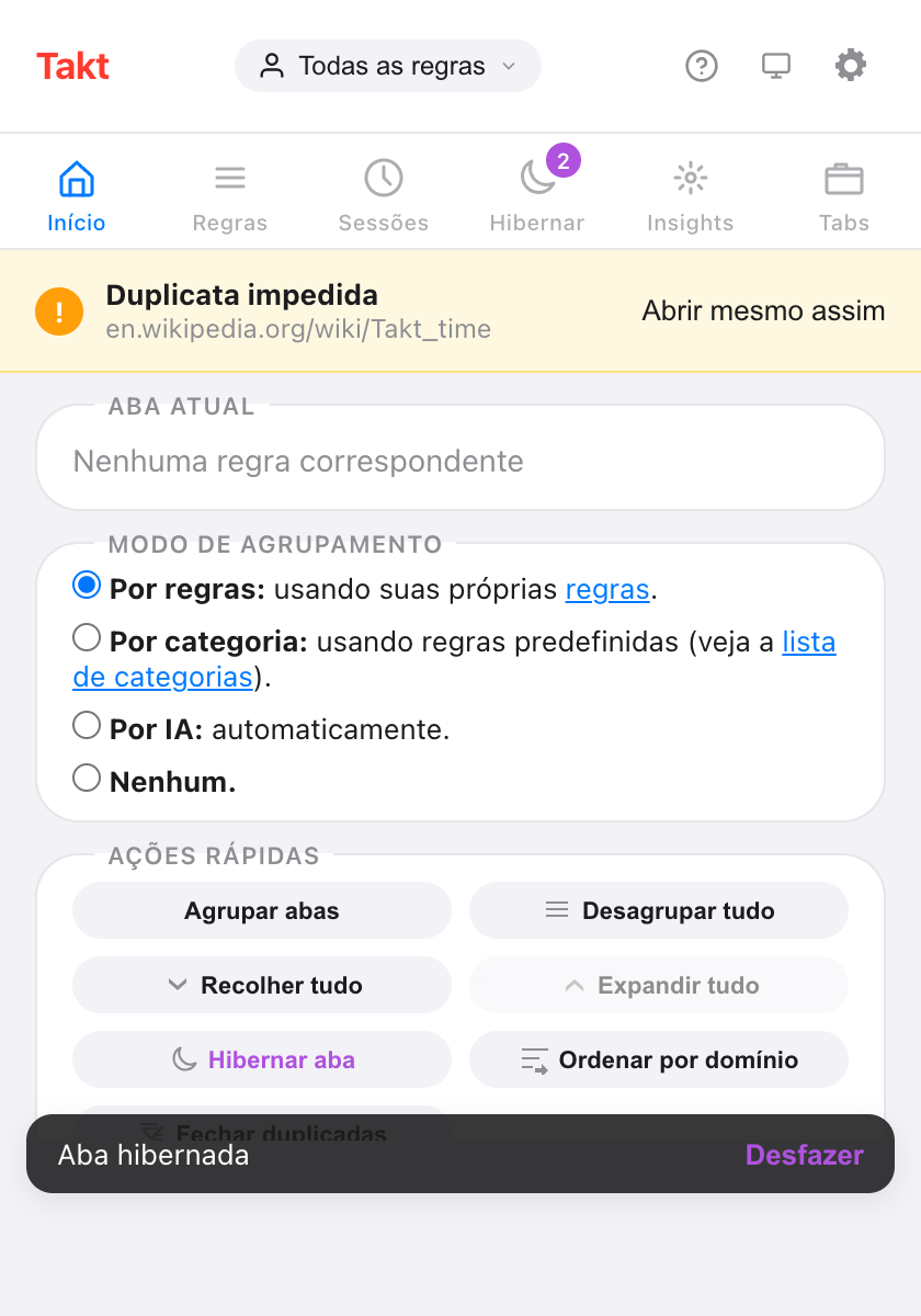Popup do Takt com o painel Início aberto: cabeçalho com o menu de perfis e os botões de ajuda, tema e configurações; uma barra com Início, Regras, Sessões, Hibernar, Insights e Tabs; uma caixa Aba atual; as opções de Modo de agrupamento Por regras, Por categoria, Por IA e Nenhum; e os botões de Ações rápidas, entre eles Agrupar abas, Desagrupar tudo, Recolher tudo, Hibernar aba e Ordenar por domínio