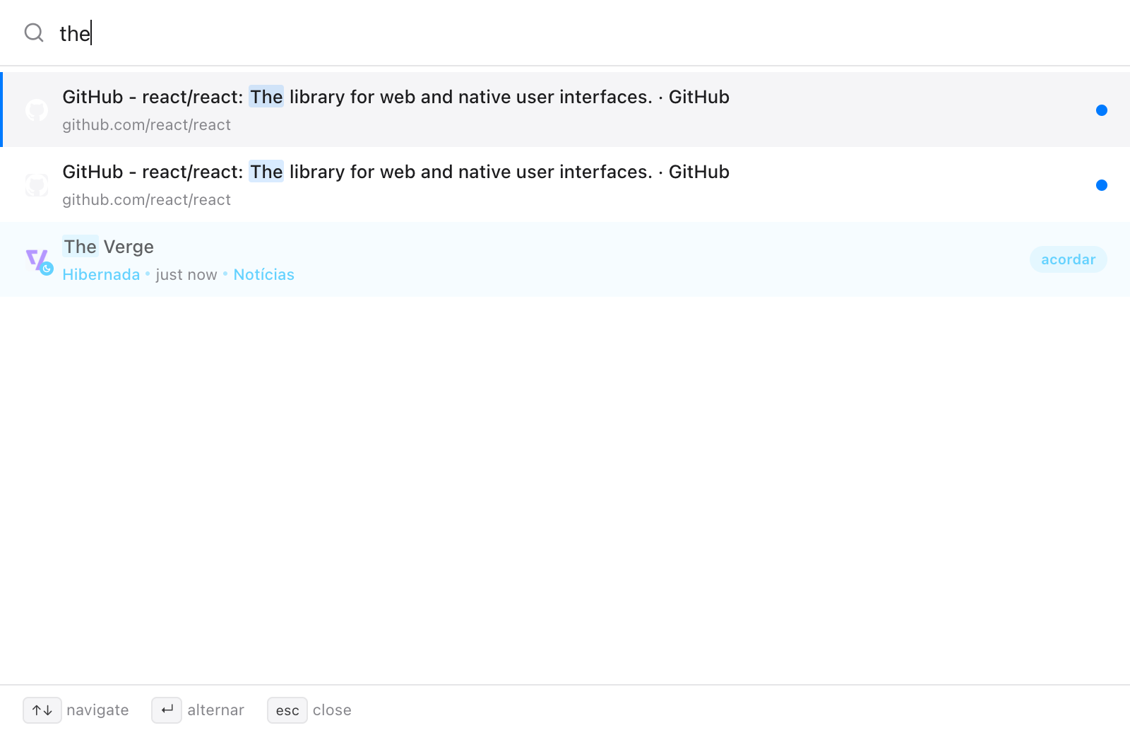 Quick Switch com a consulta 'the': duas abas abertas do GitHub cujos títulos contêm 'The' e, em seguida, The Verge como aba hibernada no grupo News, com o rótulo acordar